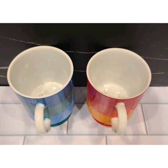 HOLT-HOWARD 1966 Striped Set Of 2 Porcelain Mugs Handles Footed Blue Orange EUC - Picture 6 of 13
